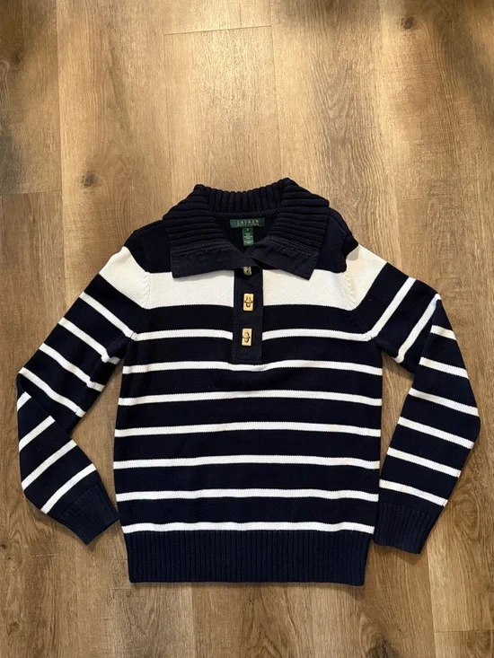 Lauren Ralph Lauren navy & white nautical striped cotton sweater Size Small - Picture 3 of 10